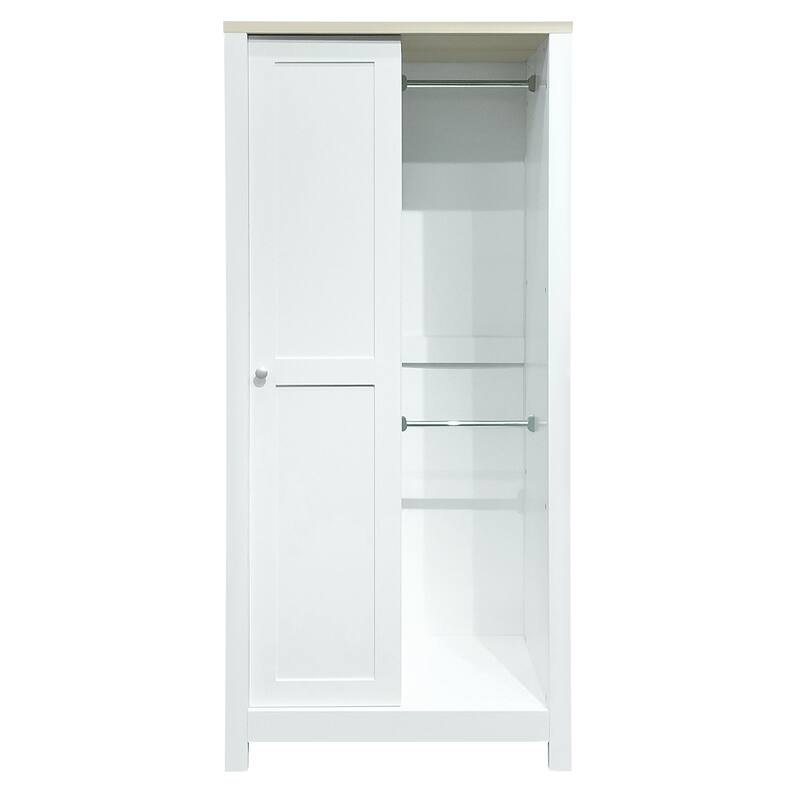 White Sliding Door Wardrobe Storage Cabinet w/ Hanging Rods & Drawers