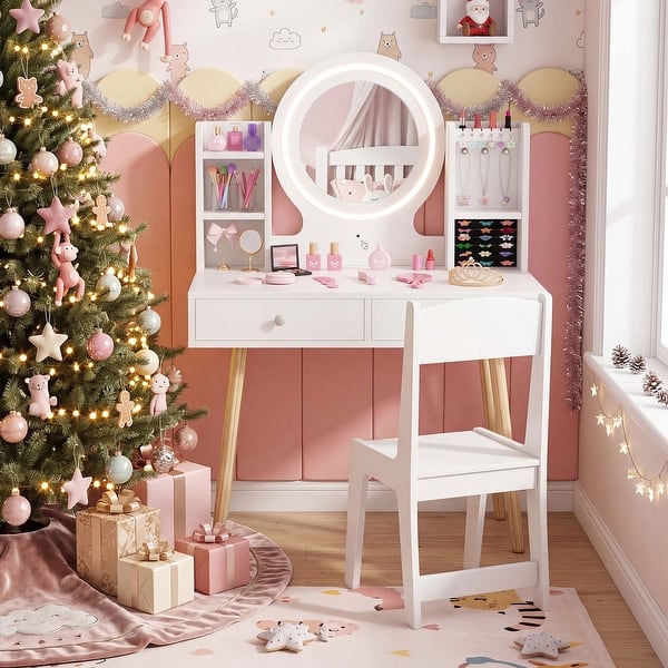 slide 2 of 7, Wooden Kids Makeup Vanity Set Desk Dressing Table w/ Mirror & Stool