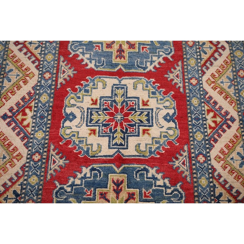 Geometric Kazak Accent Rug Hand-Knotted Red Wool Carpet - 3'3" x 4'9"