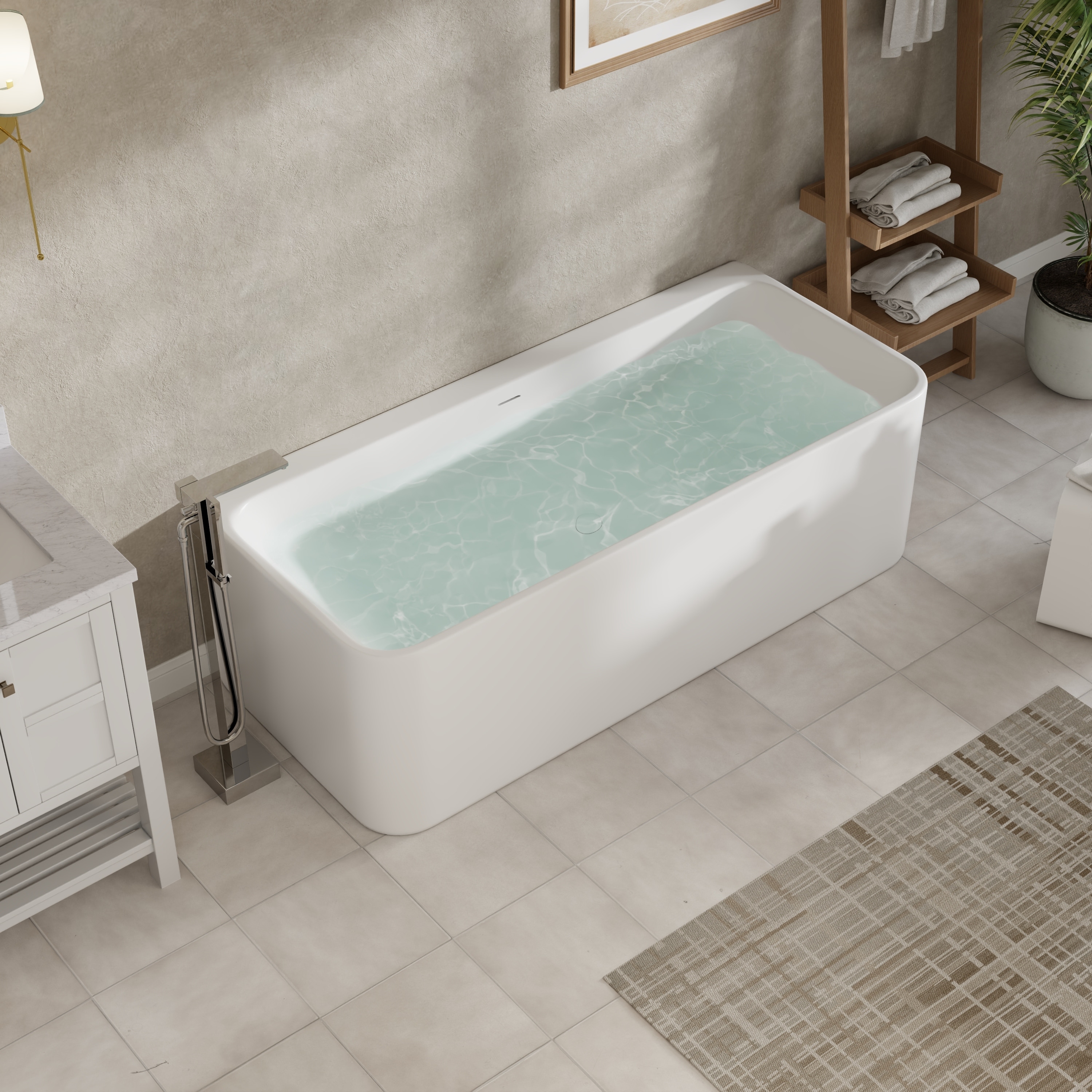 Solid Surface Alcove Soaking Bathtub with Center Drain and Pop-Up Drain, Matte White, CUPC & CE Certified