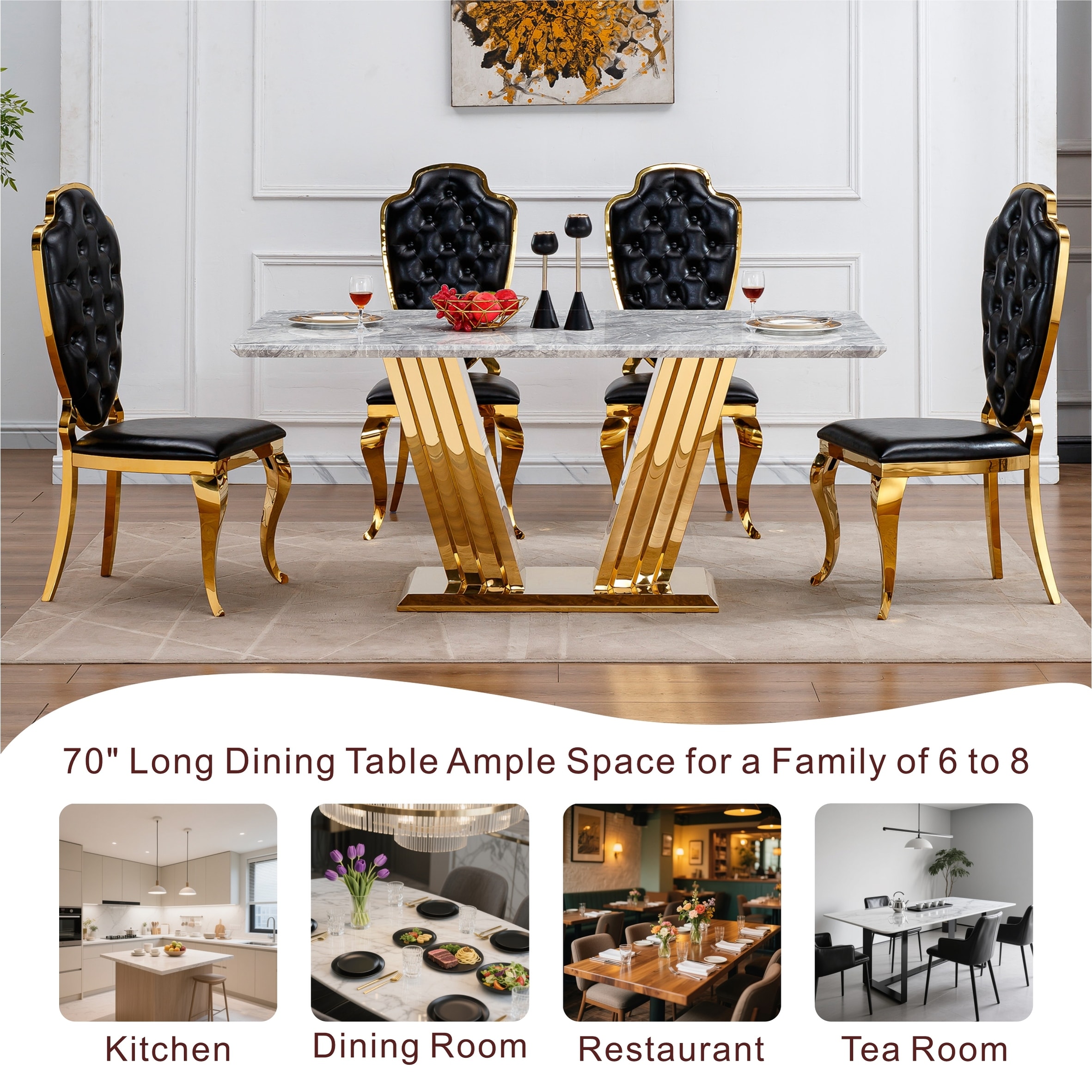 Large Rectangle Faux Marble Dining Table For Six With Mirrored Base