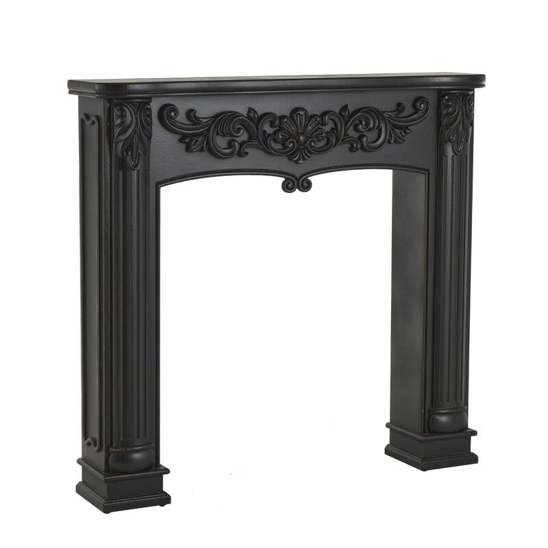 Black Wooden Freestanding Scroll Decorative Fireplace Mantle with Floral Accents - 9"W x 45"L x 43"H