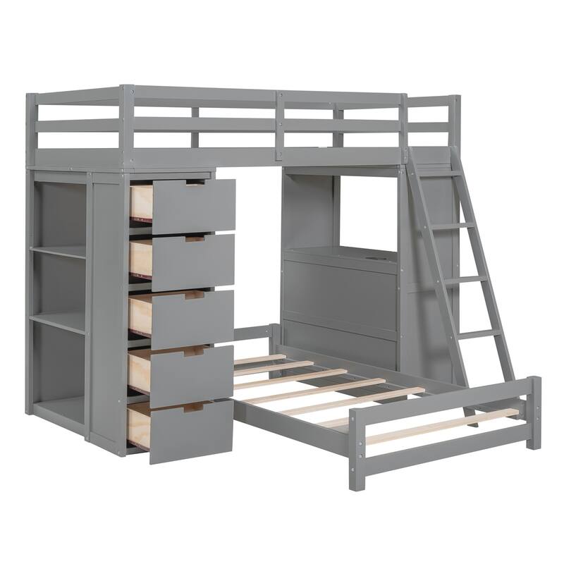Merax Twin over Twin Bunk Bed with LED Light and USB Ports, 5 drawers