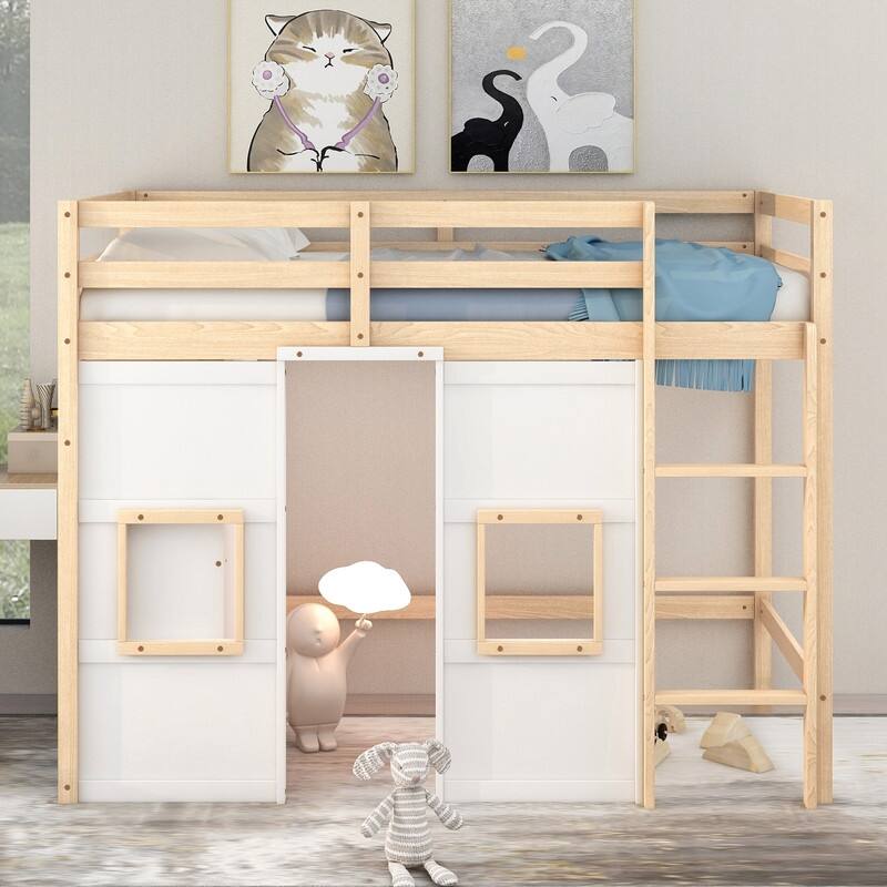 Wood Twin Size Loft Bed with Built-in Storage Wardrobe and 2 Windows - Natural+White