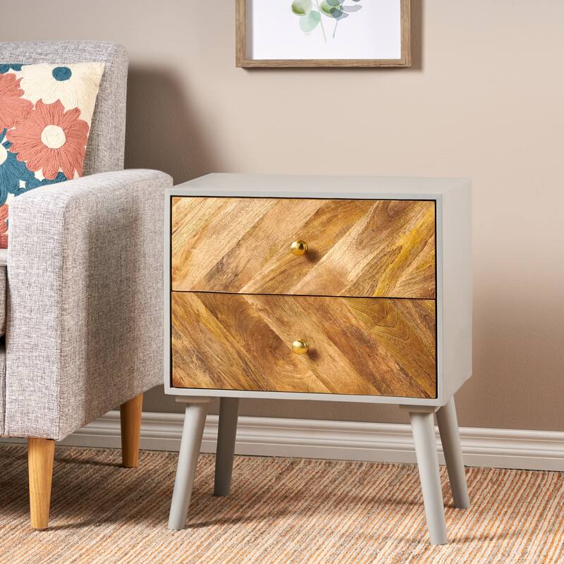 Handcrafted Mango Wood Cabinet with 2 Drawers, Boho and Mid-Century Style, Durable MDF Frame, 24" Tall