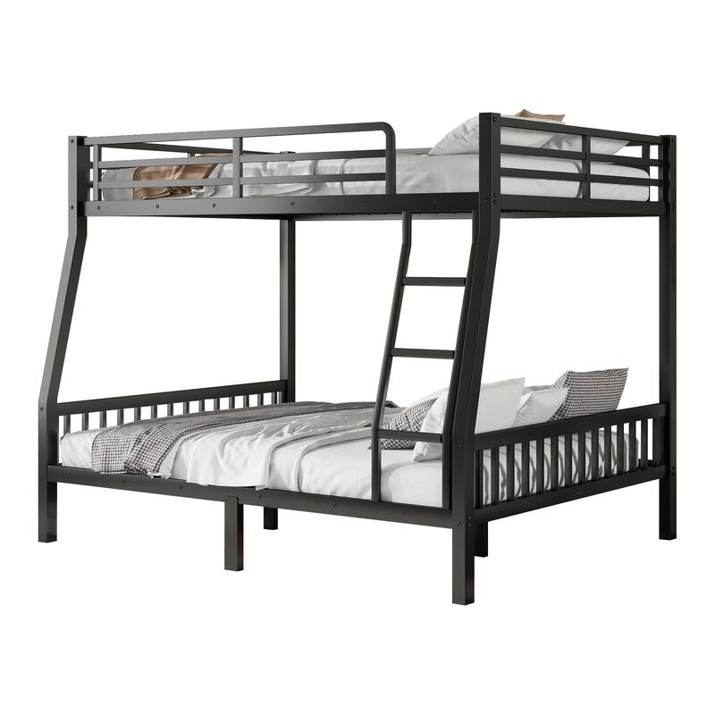 Full XL Over Queen Metal Bunk Bed with Ladder and Slats Support for Adults and Teens, Black
