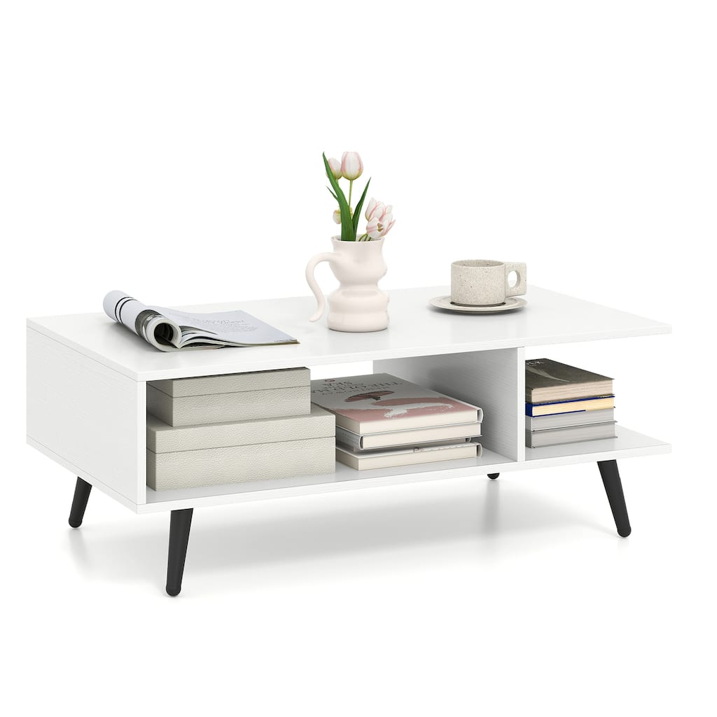 Gymax 2-Tier Coffee Table w/ Compartments & Metal Legs Rectangle Tea