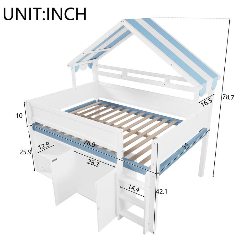 Full Size Loft Bed with Canopy Roof & Storage Cabinet - Space-Saving Study Bed