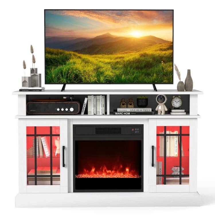 MDF Fireplace TV Stand with RGB LED, Remote and Storage - 48" L x 16" W x 29" H - White