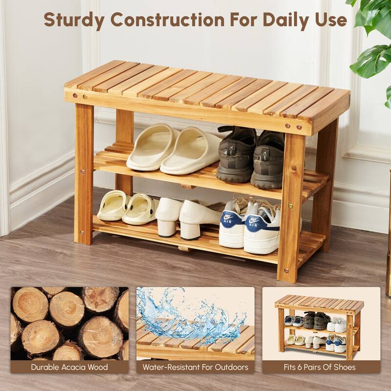Farmhouse Acacia Wood Shoe Rack Bench 2-Tier Natural Wood Organizer