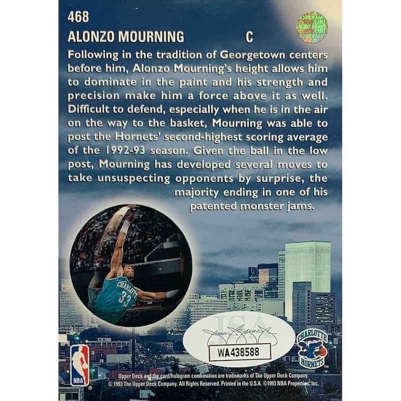Alonzo Mourning 1993 Upper Deck Basketball Signed Card #468 Auto JSA COA - 8'6" x 11'6"