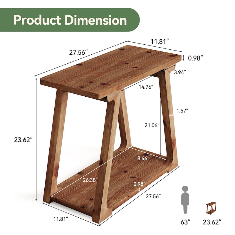 Solid Wood End Table, Narrow Side Table with 2-Tier Storages