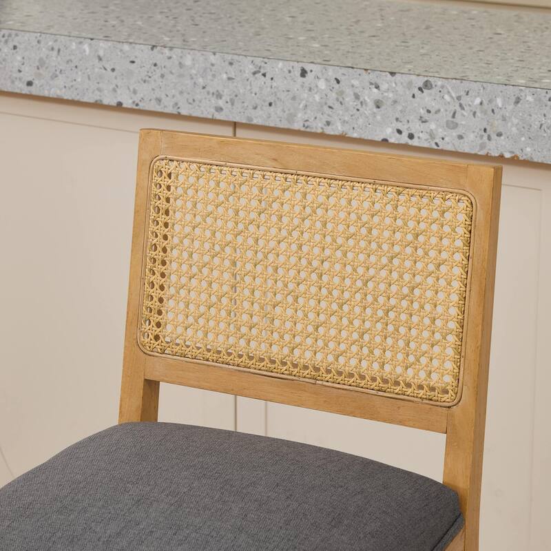 Full Solid Wood Rattan-Back Bar Stool, Matte Linen Cushion with High-Resilience Foam & S-Springs,Set of 2