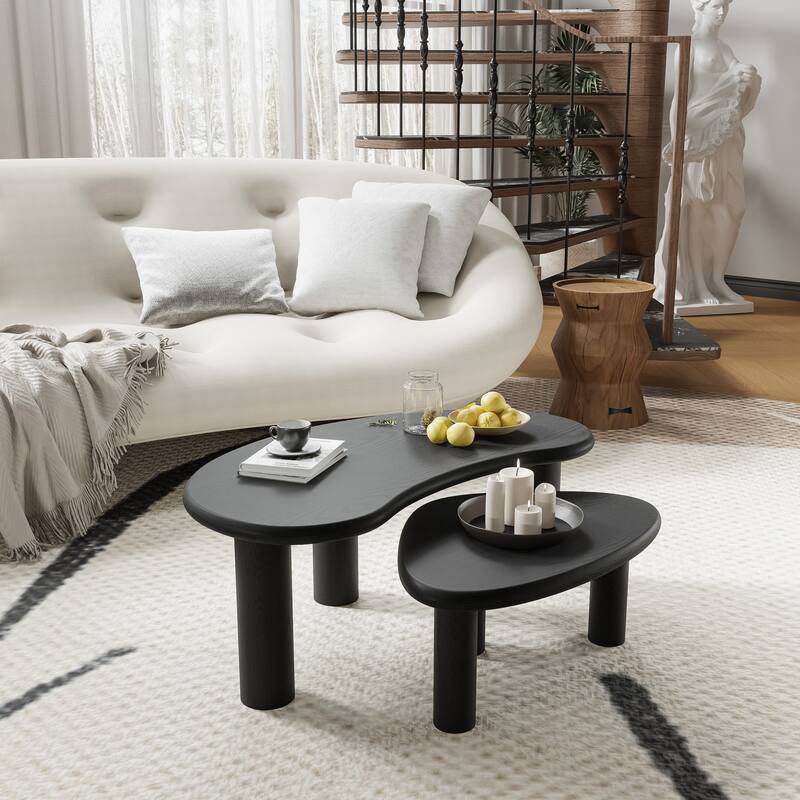 Modern Nested Coffee Tables Set 2-Piece Irregular Shaped Solid Wood Accent Tables for Home Office Living Room