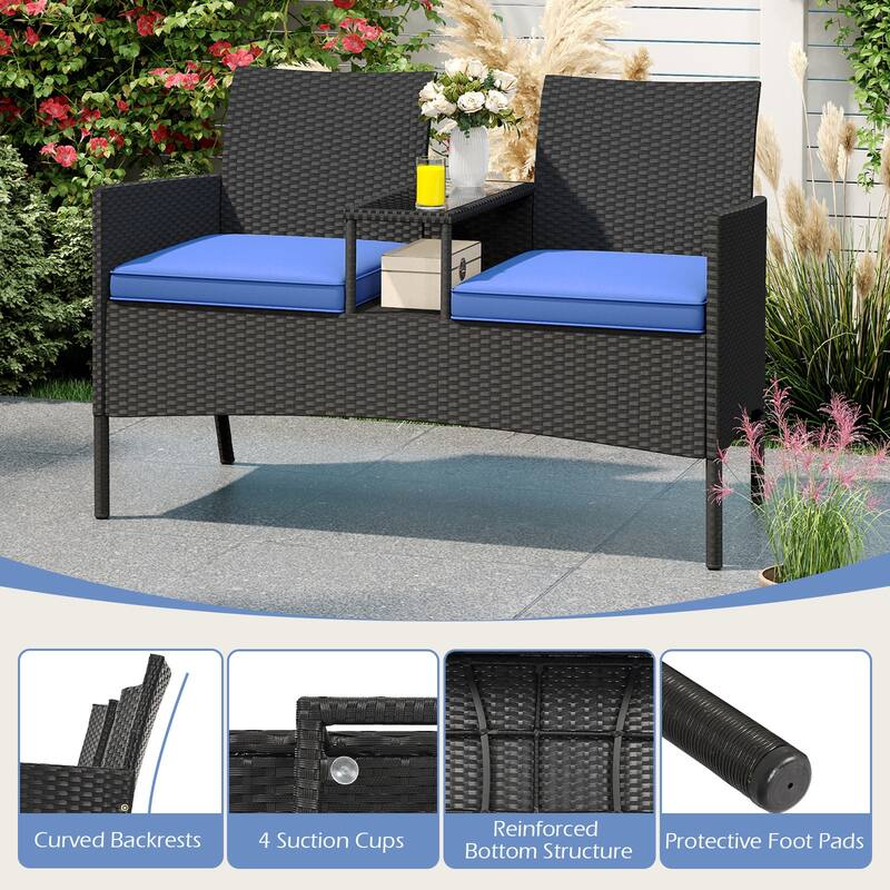 Gymax Patio Loveseat w/ Built-in Table Soft Cushions & Tempered Glass