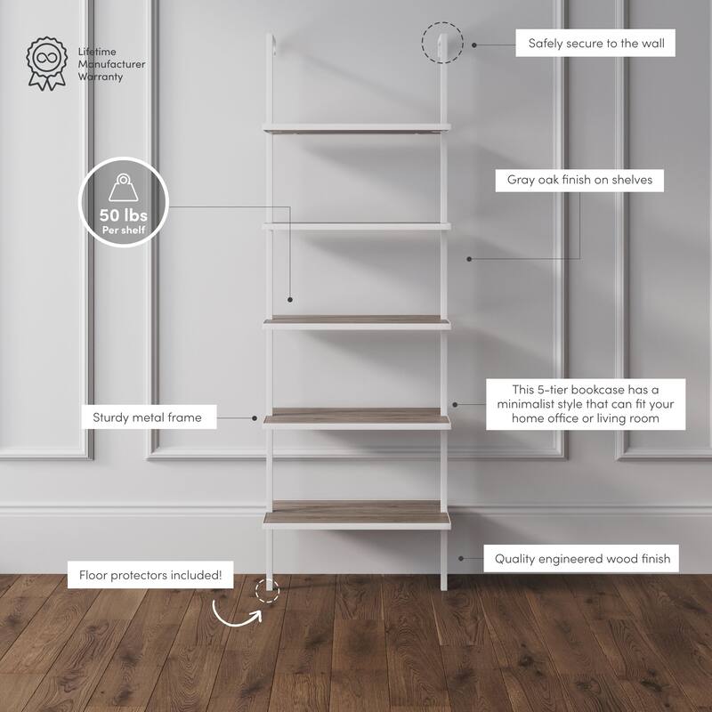 Nathan James Theo 5-Shelf Ladder Bookcase Wood with Metal Frame