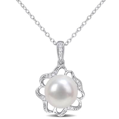 Miadora 9.5-10mm Cultured Freshwater Pearl and Diamond-Accent Floral Sterling Silver