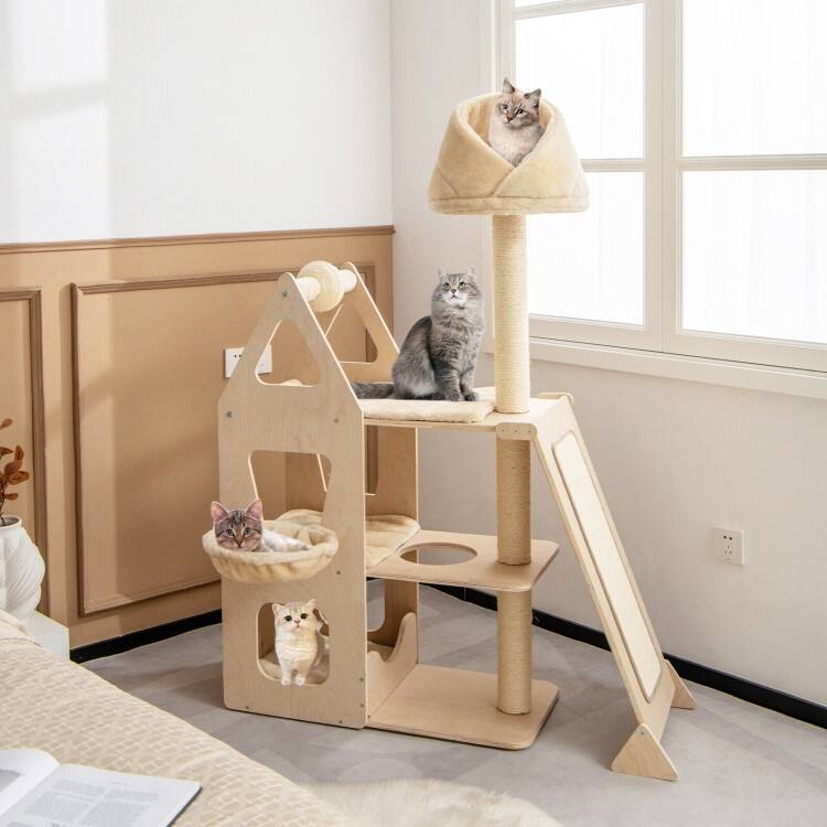 Multi-Level Cat Tree with Sisal Scratching Post-Beige - Beige