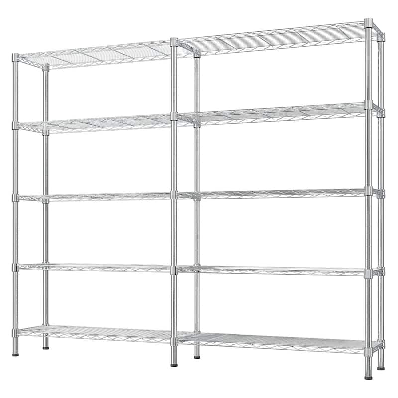 Expandable 5-Tier Chrome Finish Metal Storage Rack with Adjustable Shelf for Home and Office - 147×35×150cm