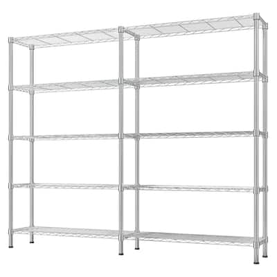 Expandable 5-Tier Chrome Finish Metal Storage Rack with Adjustable Shelf for Home and Office - 147×35×150cm