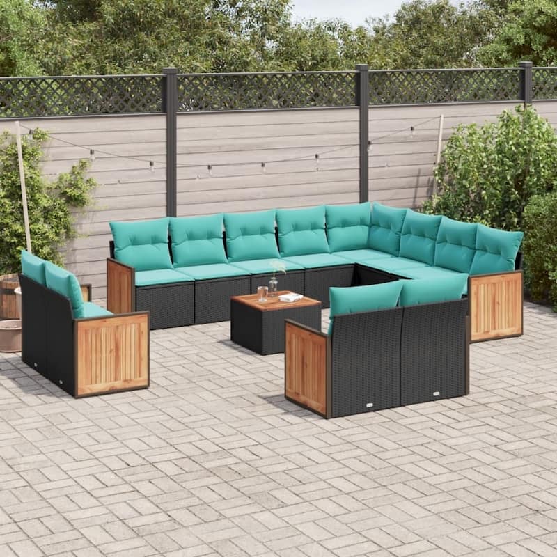 vidaXL 12 Piece Patio Sofa Set with Cushions Black Poly Rattan - 24.4x27.2x24.4-With table