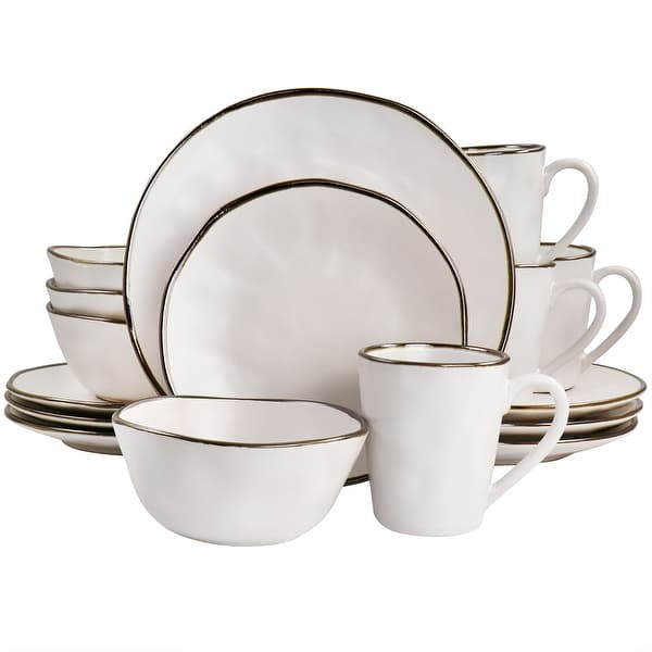 slide 2 of 3, Elama Modern 16 Piece Stoneware Dinnerware Set in Matte White with Gold Rim