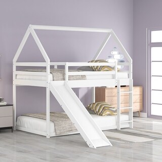 Twin Size Bunk House Bed with Slide and Ladder, White
