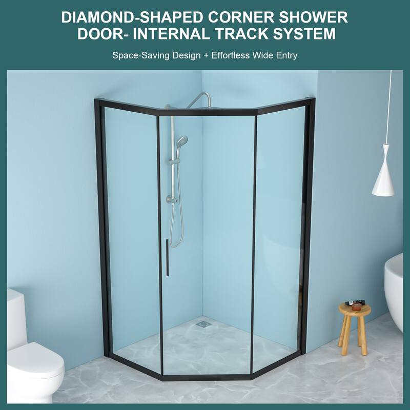 42" W x 76" H Framed Diamond-shaped Corner Shower Door in Matte Black - 42'' x 0.32'' x 76''