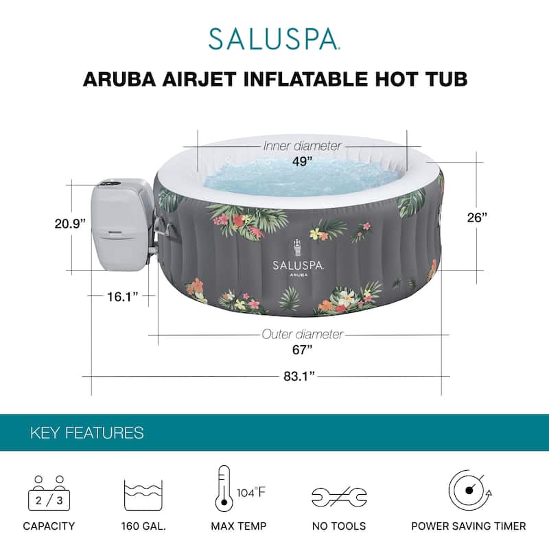 Bestway SaluSpa Aruba AirJet Inflatable Hot Tub with 110 Soothing Jets, Gray - 66.93 x 66.93 x 25.98 inches