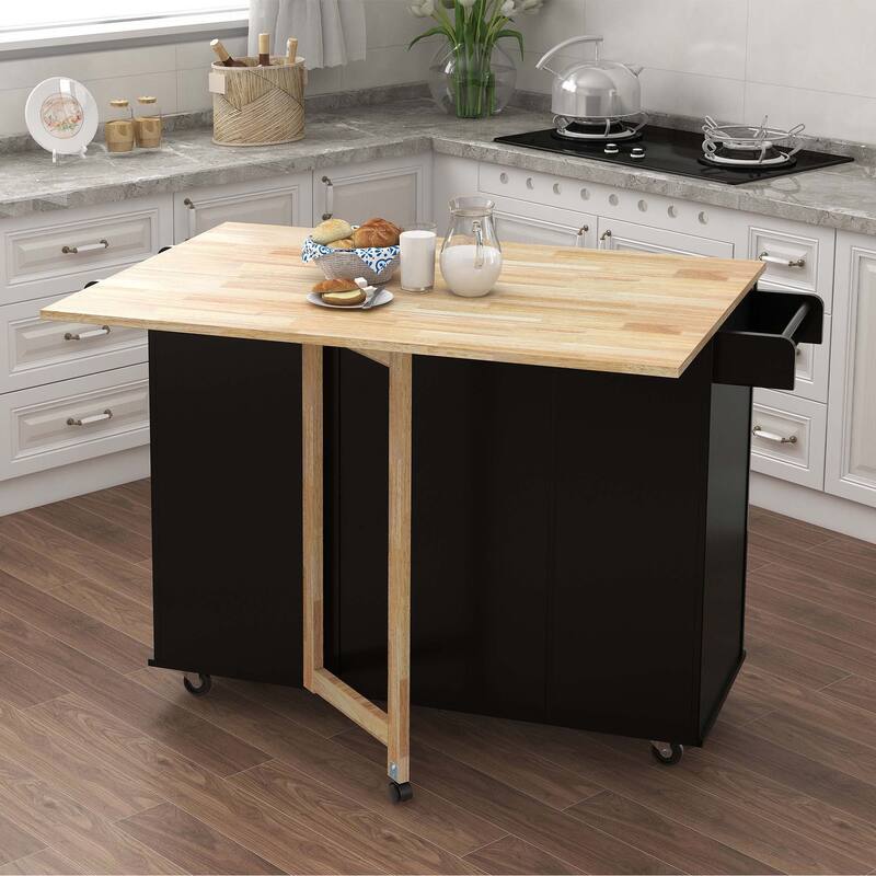 Kitchen Island with Spice Rack and Extensible Solid Wood Table Top