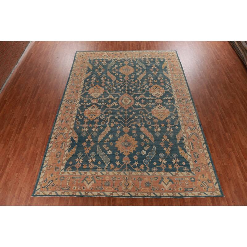 Hand Knotted Oriental 100% Wool Carpet Transitional All-Over Navy Blue & Blues Oushak Area Rug - 13' 10'' X 10' 1''