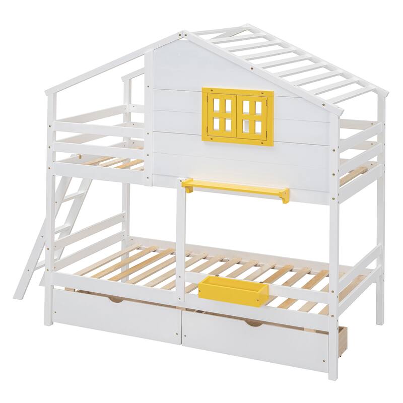 White Twin over Twin Size Solid Wood Bunk Bed with 2 Drawers, 1 Storage Box, 1 Shelf, Window and Roof