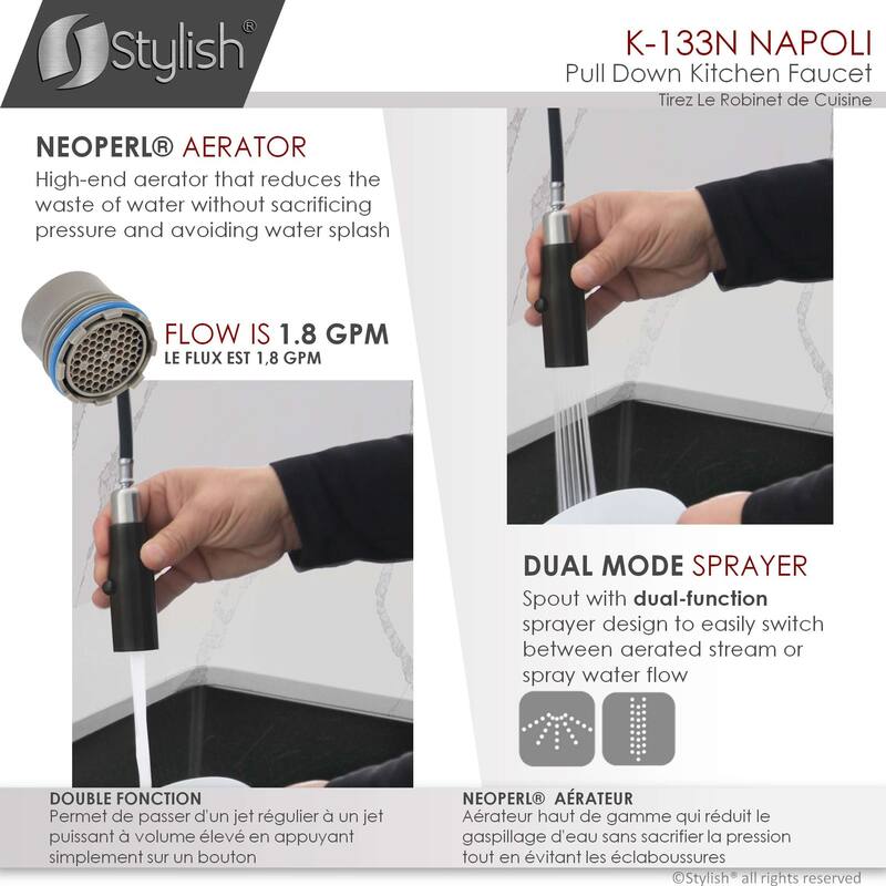 STYLISH Kitchen Sink Faucet Single Handle Pull Down Dual Mode in Stainless Steel