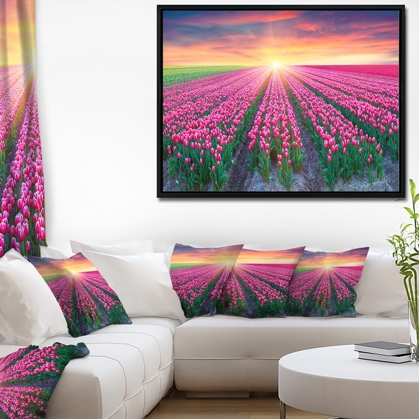 Designart Blooming Tulips At Sunrise Photography Throw Pillow Overstock 20948214