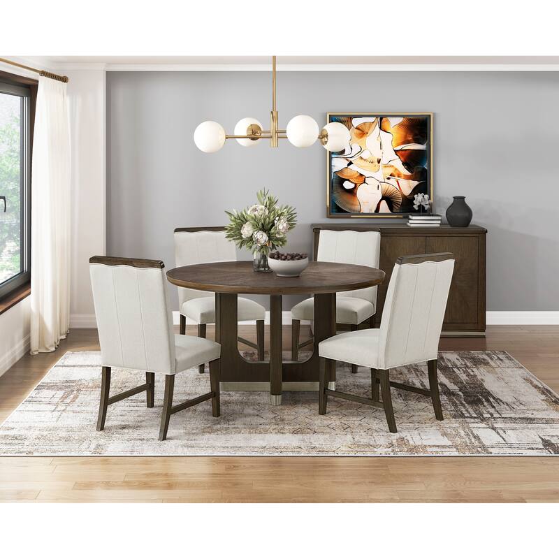 Contemporary Dining Set of 2 Side Chairs Beige Fabric Upholstery Brown Finish Wooden Furniture