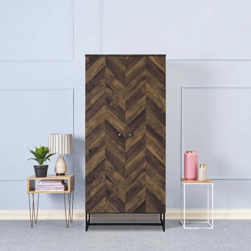 Akk 71 Inch 2 Door Tall Wardrobe Cabinet, Sled Legs, Chevron Wood Brown