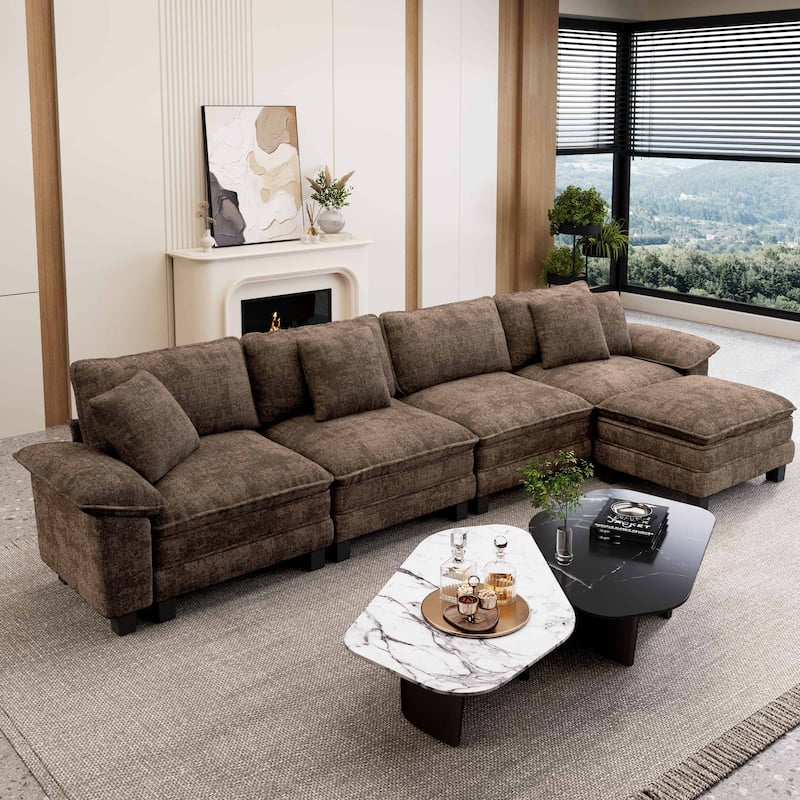 MAISON ARTS Modular Cloud Sectional Sofa, Comfy L- or U-Shaped Couch with Ottomans & Pillows, 4–6 Seat Living Room Sofa - Brown Chenille(5 Pieces) - Reversible