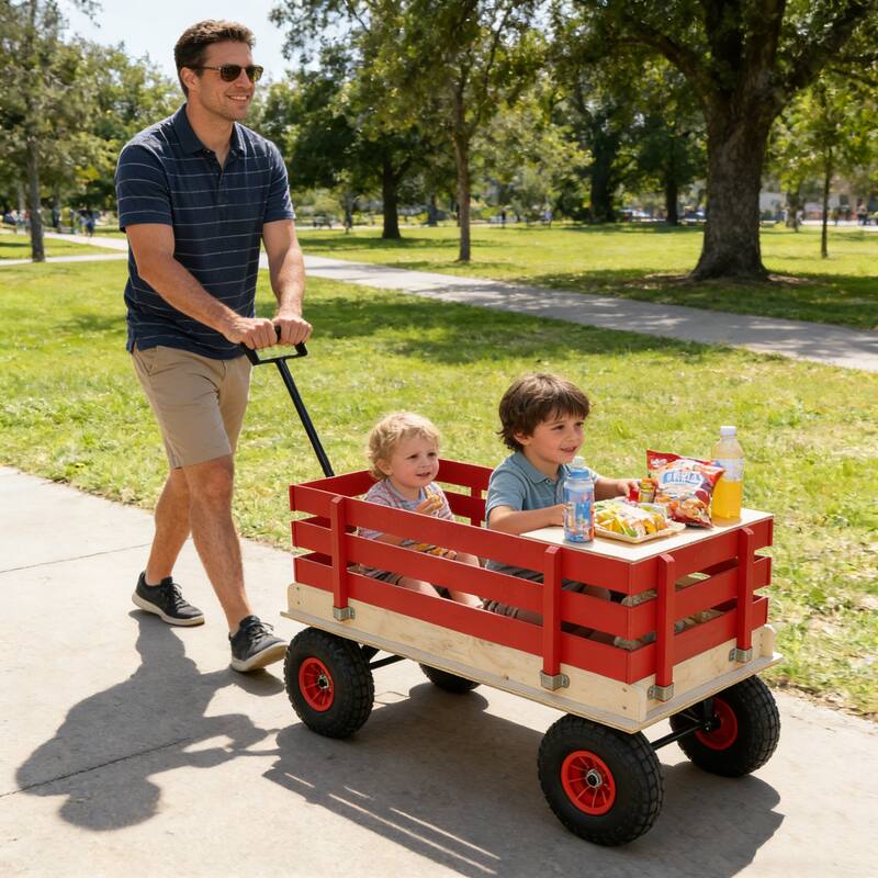 All-Terrain Wooden Carriage - Children's & Garden Cart with Inflatable Wheels, Red & Natural