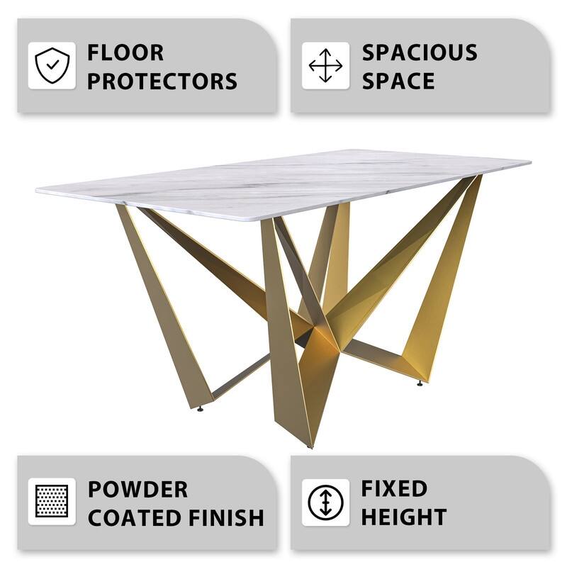 Nuvor Rectangular Sintered Stone or Glass Tabletop Dining Table with Powder-Coated Gold Steel Base for Kitchens & Dining Rooms