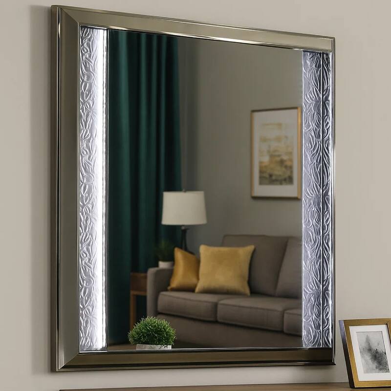 Levi Dresser Mirror, 38 Inch, Leaf Pattern Molding w LED, Dark Gray Wood - Grey