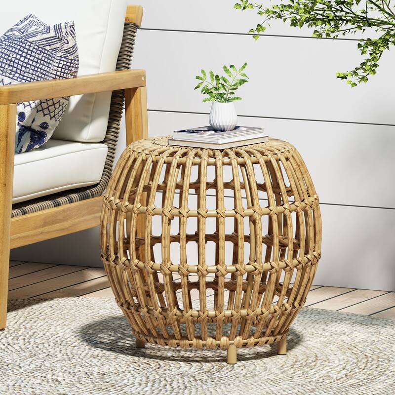 Side Table-Bohemian Faux Rattan Weave Accent Table for Indoor Outdoor Use