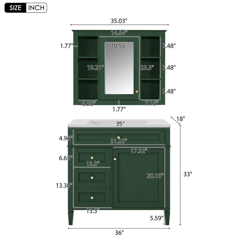 36"Freestanding Bathroom Vanity with Resin Sink and Mirror Cabinet