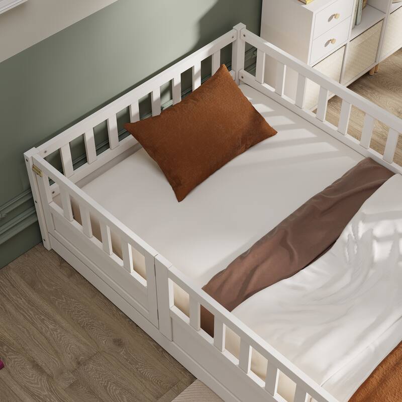 Floor Bed Pine Wood Bed Frame with Fence and Door Easy Assembly
