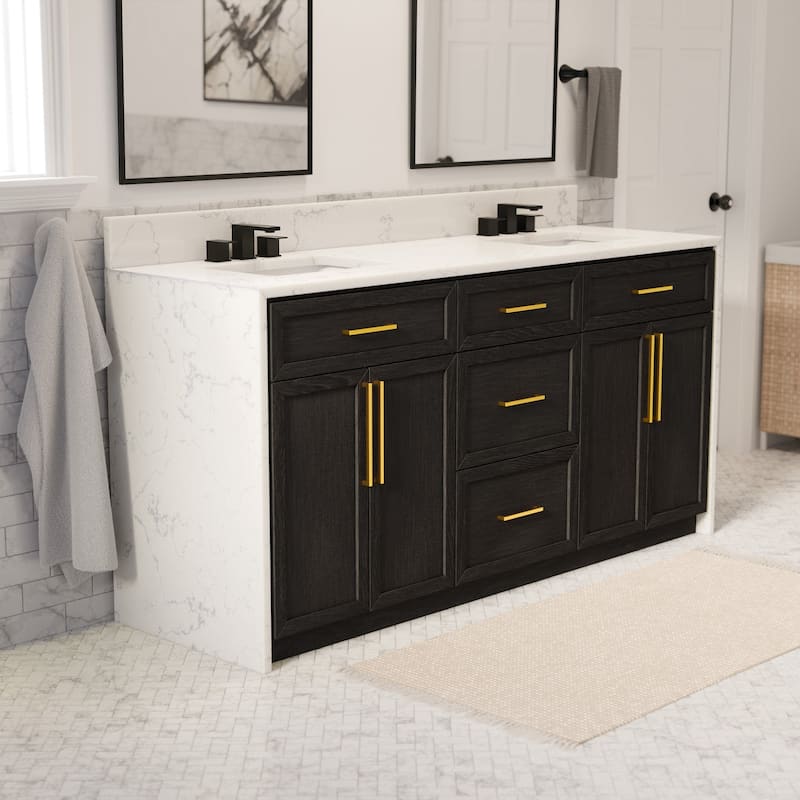 KitchenBathCollection Palisade 72" Double Waterfall Vanity with Engineered Marble Top - Dark Oak