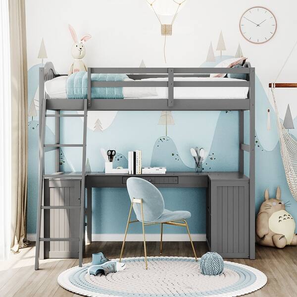 slide 2 of 9, Twin Size Wooden Loft Bed with Storage Drawers, Cabinet, Shelves & Desk Gray