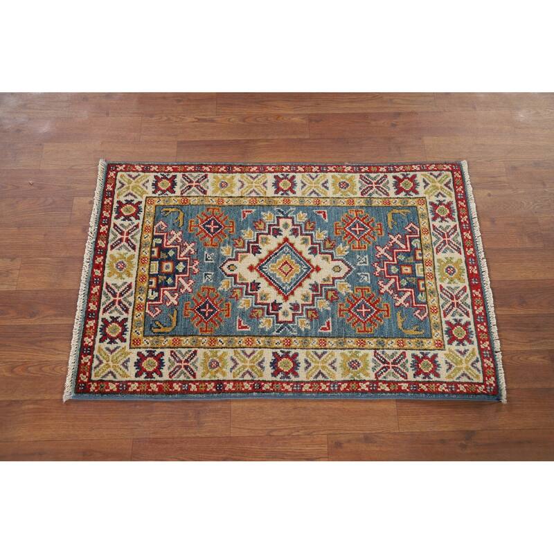 Hand Knotted Oriental 100% Wool Carpet Traditional Geometric Navy Blue & Blues Kazak Area Rug - 3' 0'' X 2' 0''