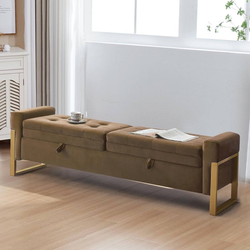 66" Storage Bench King Size End of Bed with Double Lids and Gold Legs