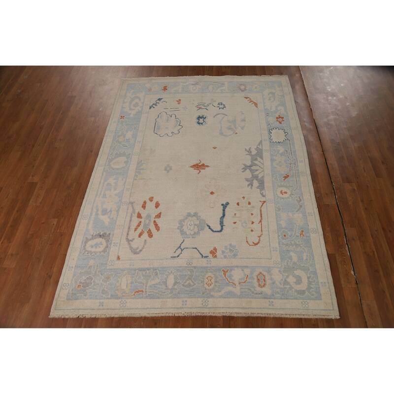 Vegetable Dye Beige Oushak Turkish Rug Hand-Knotted Wool Carpet - 5'2"x 7'0"