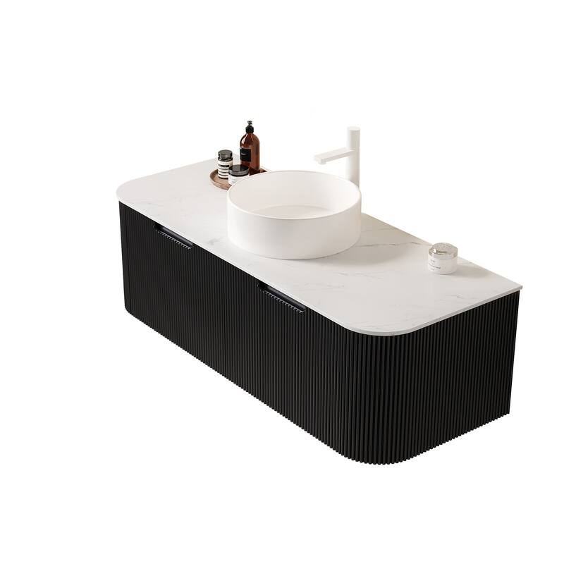 48" Bathroom Vanity with Sink, Wall-Mounted Floating Curved Edges Striped Bathroom Storage Cabinet with 2 Drawers, NO Faucet