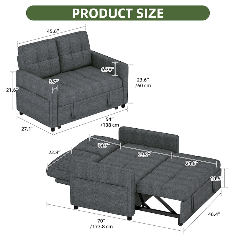3-in-1 Sleeper Sofa with Iron Frame Pull-Out Bed, Linen Futon Couch with Reclining Backrest and Side Pocket